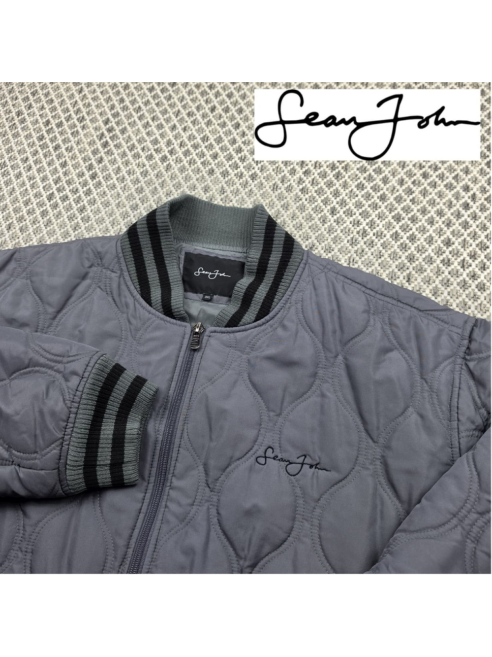 Sean John Quilted Bomber Jacket Gray Embroidered Full Zip Men’s 3XL Coat